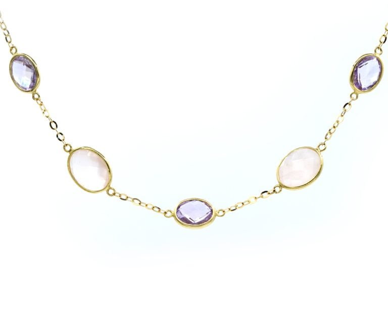 Venice Collar de Oro Amarillo 18k con Amatista, Cuarzo Rosa, 1 Cadena 40 cm