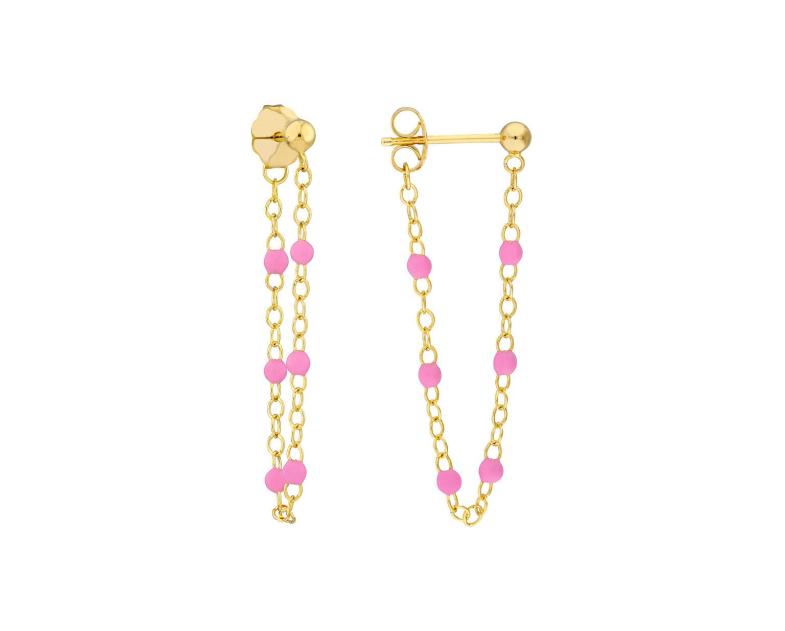 Aros Pendientes Boho Pink Oro Amarillo 14k y mostacilla.