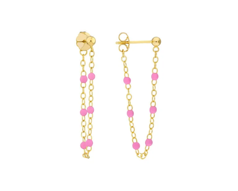 Aros Pendientes Boho Pink Oro Amarillo 14k y mostacilla.